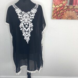 N Without Tags  black sheer  with lace detail and white pompom trim Cover up